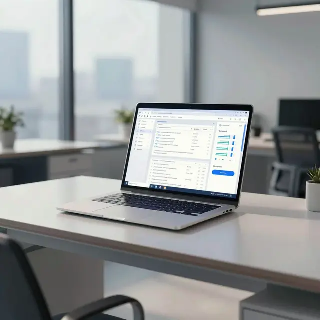 Photorealistic image of a professional office desk with a laptop displaying email marketing analytics, modern office background with natural daylight, dominant blue and white tones, serene and focused atmosphere emphasizing precision and technology.
