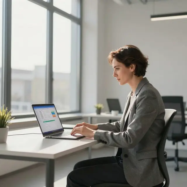Photorealistic photo of a modern office workspace in Szczecin with natural light flooding through large windows, showing a confident professional reviewing email campaign results on a laptop, neutral and calming color palette emphasizing focus and innovation, daytime, clean and orderly environment