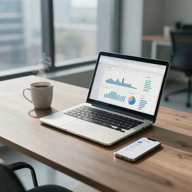Photorealistic image of a modern office workspace with a laptop displaying email marketing analytics, a cup of coffee, and a smartphone showing an email preview. The background shows a window with daylight illuminating the room, dominant cool blue and white tones, focusing on clarity, professionalism, and technology in a city office environment.
