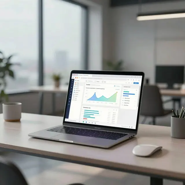 Photo of a digital workspace with a laptop displaying an email testing dashboard, bright modern office environment with natural light, minimalist decor, and charts showing email campaign performance on screen, emphasizing technology and professional email marketing