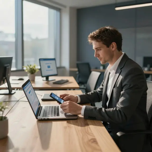 Photorealistic photo of a modern office environment in Szczecin with a focused professional testing email deliverability on multiple digital devices including laptop and smartphone, warm natural light from large windows, neutral color tones with accents of blue and gray creating an atmosphere of precision and innovation
