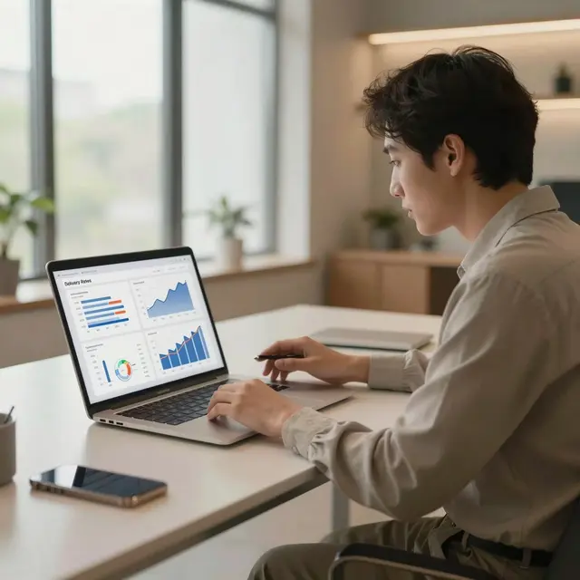 Person analyzing graphs and charts on a laptop screen in a bright office environment, showing email performance metrics including delivery rates and open rates, daylight with warm modern interior tones