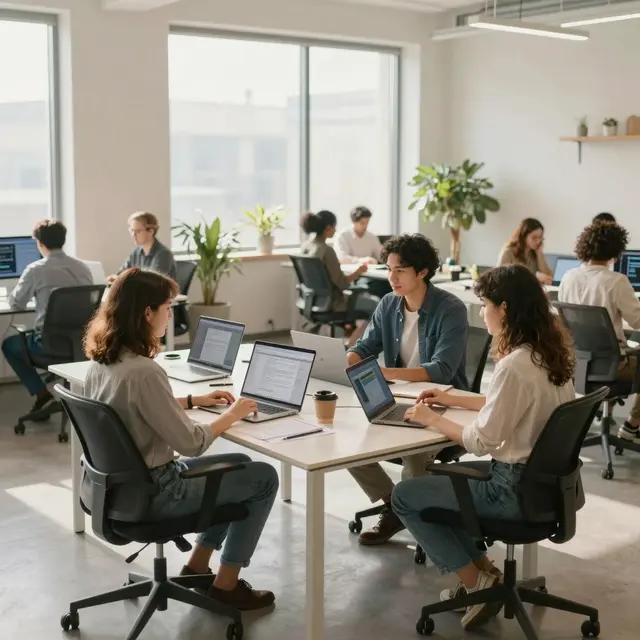 Photorealistic image of a modern office space with a small team of diverse professionals collaborating around a large table, bright natural light coming through large windows, neutral tones with accents of blue and green, daytime setting, atmosphere of focused teamwork and innovation