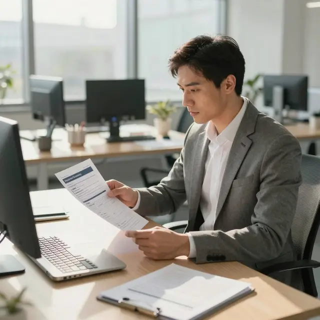 Modern office scene with a professional reviewing a detailed printed report on email campaign testing, surrounded by technology devices and natural sunlight, clear and focused atmosphere