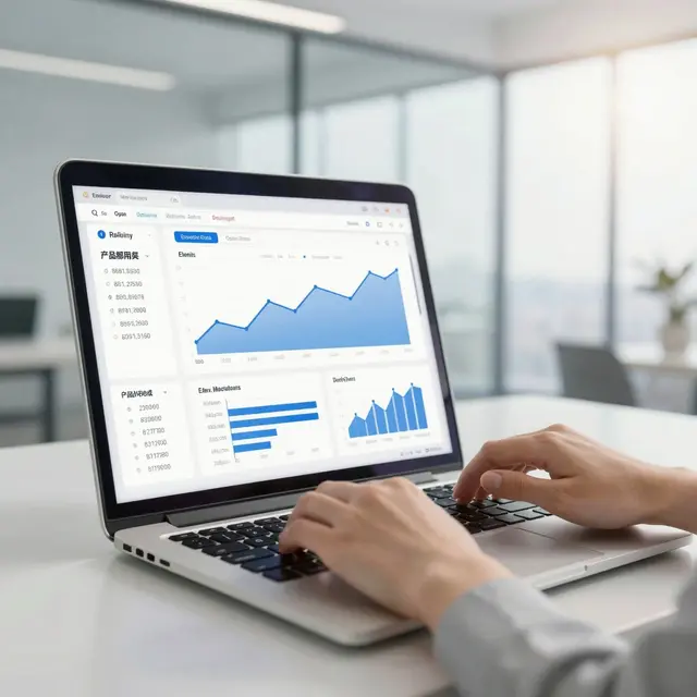 Close-up photo of a person analyzing email marketing performance on a laptop screen, modern office environment with bright daylight coming through large windows, blue and white tones dominating the scene, focus on hands and digital graphs showing email delivery statistics, professional and innovative atmosphere