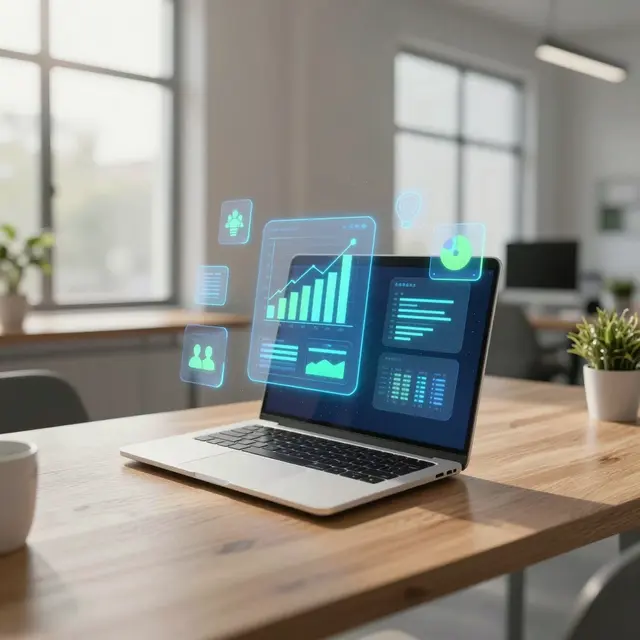 Modern office workspace with digital marketing icons floating above a laptop keyboard, vivid blue and green hues, bright and inspiring atmosphere, natural daylight illuminating the scene
