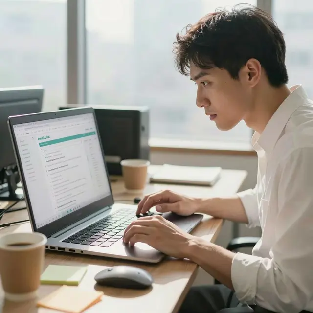 Close-up photo of a professional analyzing email campaign data on a modern laptop screen in a bright office environment, with natural light flooding the room and office supplies scattered around, conveying focus and precision in digital marketing.