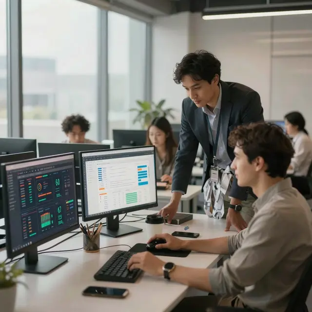 Experienced team of diverse digital marketing professionals collaborating in a modern office space with computers displaying email campaign data and analytics, bright natural lighting highlighting a focused and innovative atmosphere.