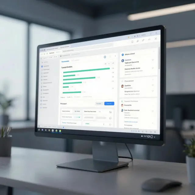 Photorealistic close-up of a computer screen displaying an email testing dashboard with charts and email previews, modern office environment with soft natural light, cool blue and gray color tones, focused and professional atmosphere in Szczecin